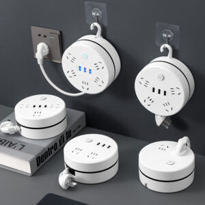 Retractable power strip, 6-foot retractable extension cord, with 45° plug, detachable hook, 5 outlets, 3 smart fast-charging USB ports, portable for
