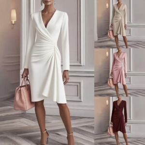 Autum Fashion Cross V Neck Waist Pure Color Long-Sleeved Dress for Women
