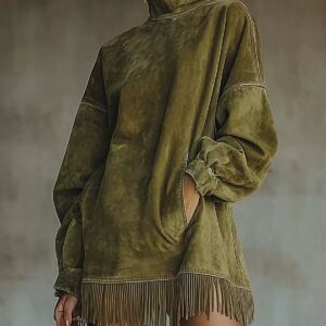 Autumn and Winter High-Neck Loose Pocket Tassel Long-Sleeve Suede Dress