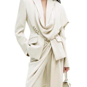 Ivory Structured Haute Couture Blazer with Draped Collar and Metallic Details, fashion women