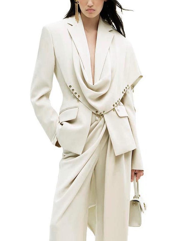 Ivory Structured Haute Couture Blazer with Draped Collar and Metallic Details, fashion women