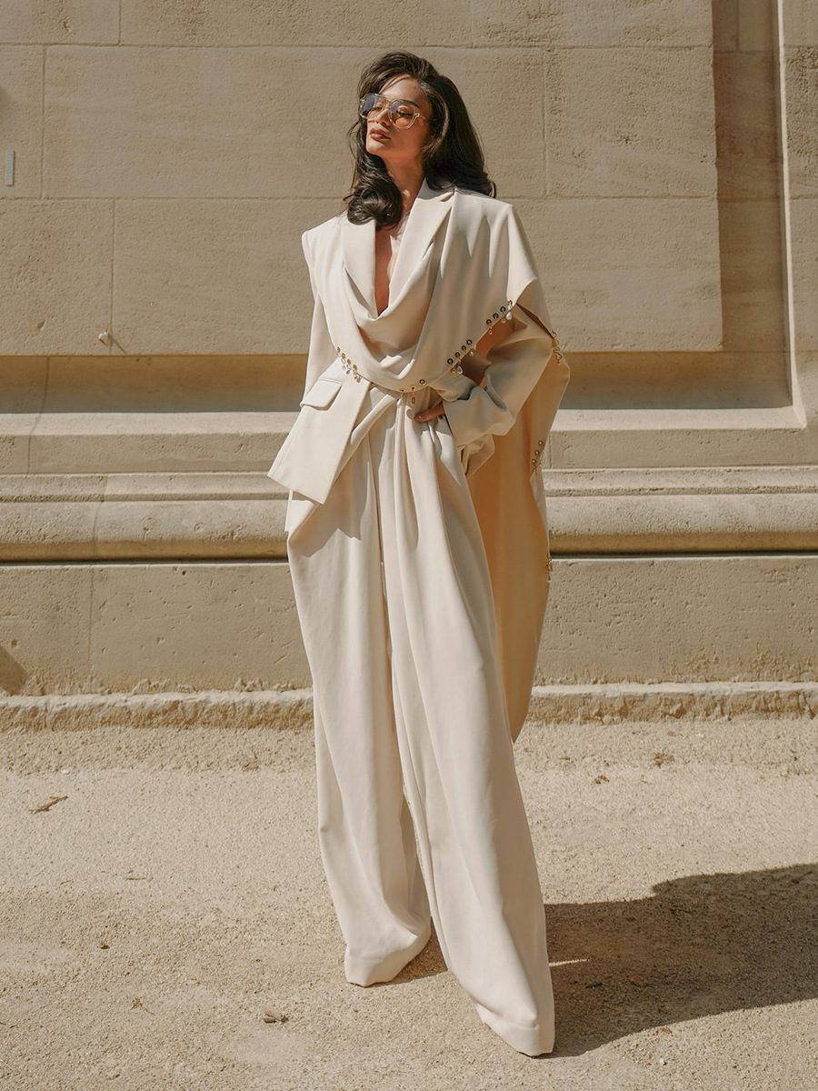 Ivory Structured Haute Couture Blazer with Draped Collar and Metallic Details, fashion women - Image 2
