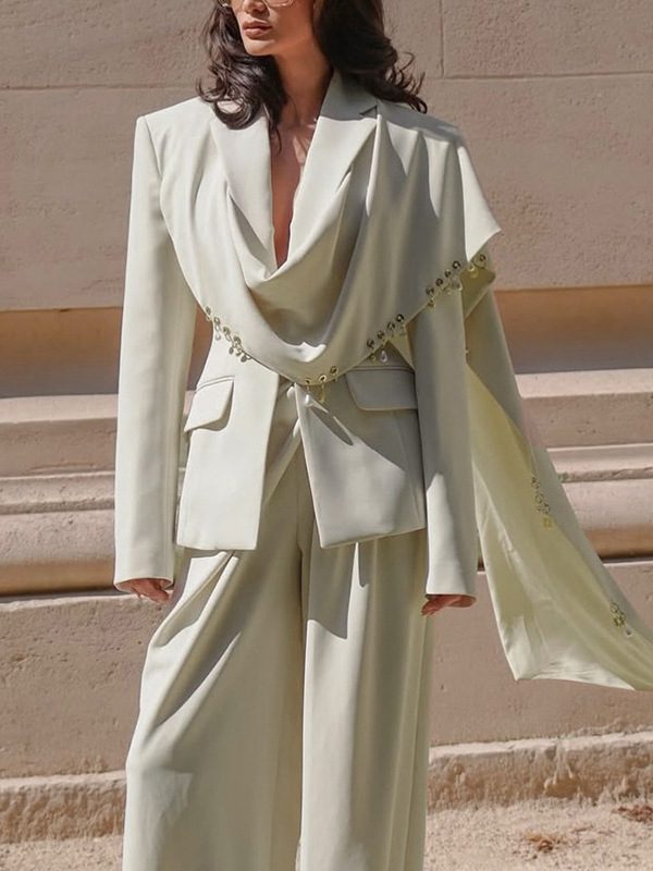 Ivory Structured Haute Couture Blazer with Draped Collar and Metallic Details, fashion women - Image 3