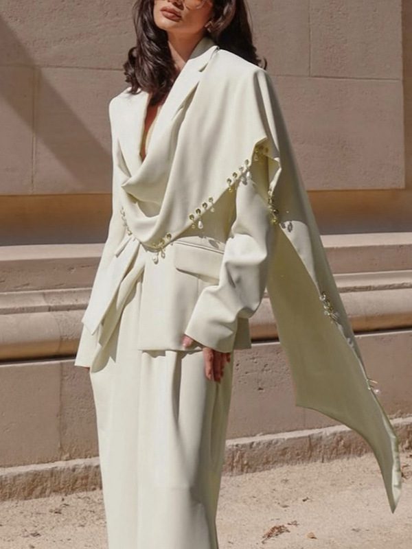 Ivory Structured Haute Couture Blazer with Draped Collar and Metallic Details, fashion women - Image 4