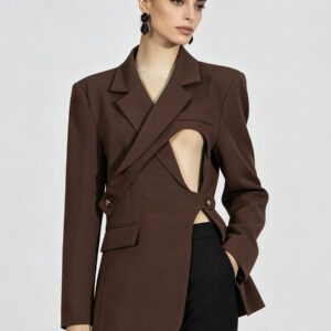 $ 115 | Chic Cut-Out Asymmetrical Brown Blazer with Tailored Wrap Front, fashion 2026