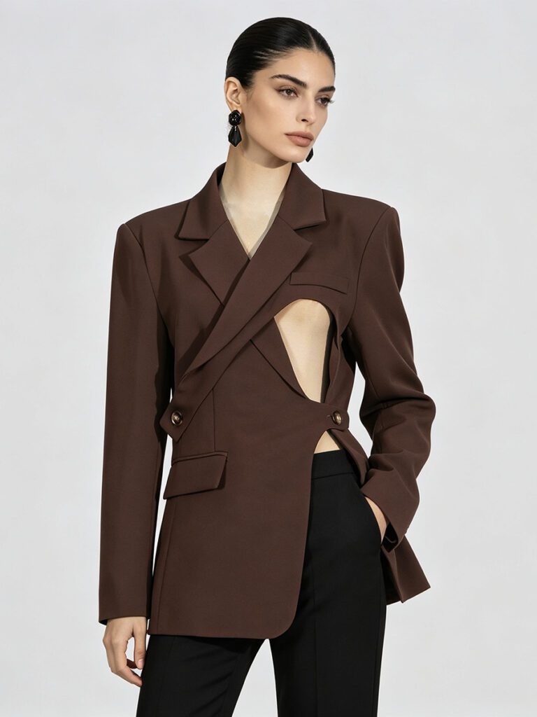 $ 115 | Chic Cut-Out Asymmetrical Brown Blazer with Tailored Wrap Front, fashion 2026