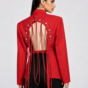 $ 99.99 Bold Open-Back Red Blazer with Draped String Details and Tailored Fit