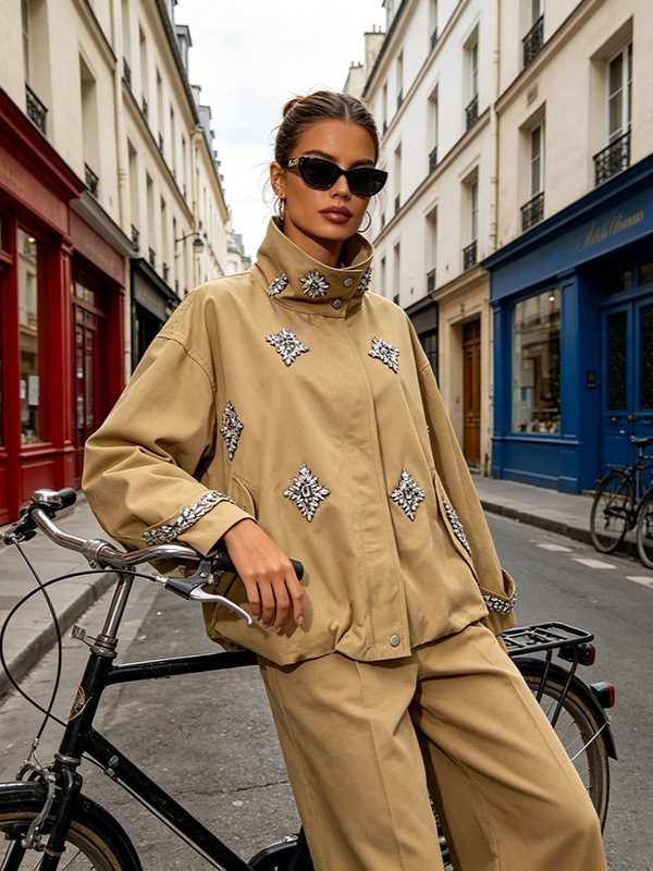 $ 149.99 | Glamorous Rhinestone-Embellished Khaki Jacket with Stand Collar and Utility Fit, fashion