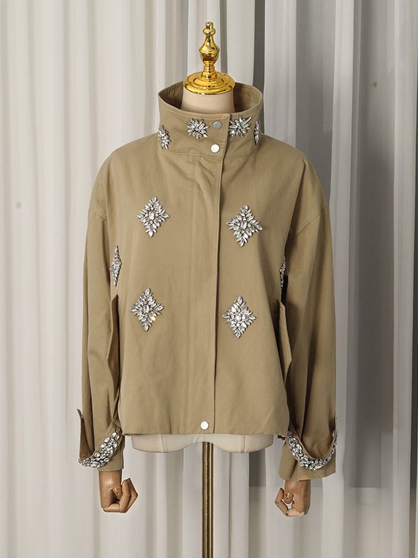 $ 149.99 | Glamorous Rhinestone-Embellished Khaki Jacket with Stand Collar and Utility Fit, fashion - Image 3