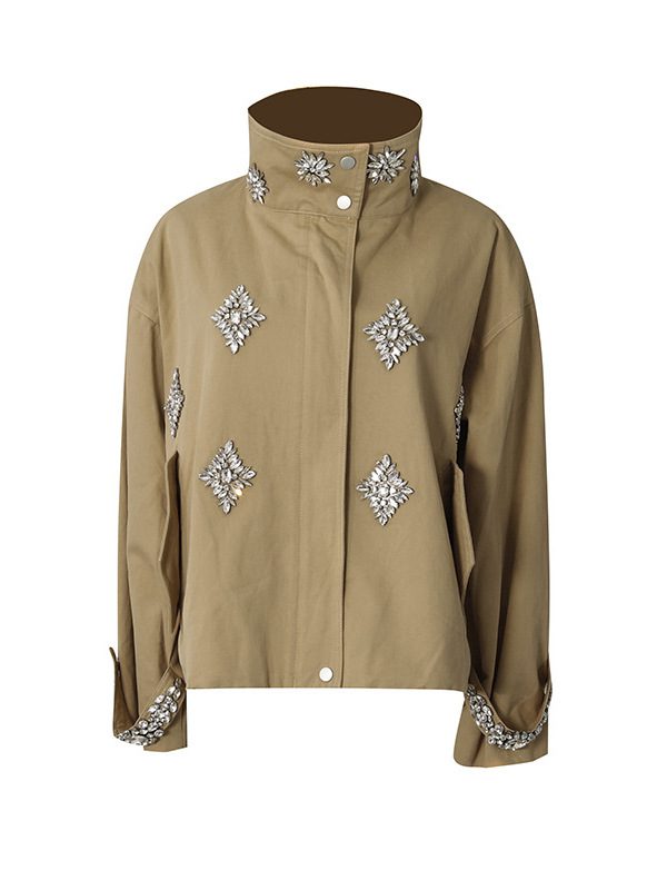 $ 149.99 | Glamorous Rhinestone-Embellished Khaki Jacket with Stand Collar and Utility Fit, fashion - Image 5