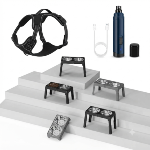 Dog Harness & Feeding Station Bundle - No Pull Reflective Adjustable Dog Vest Harness + Elevated Double Dog Bowls Stand (3 Heights) + USB Rechargeable Pet Nail Grinder Trimmer, Complete Puppy Care Kit" bundel, pets