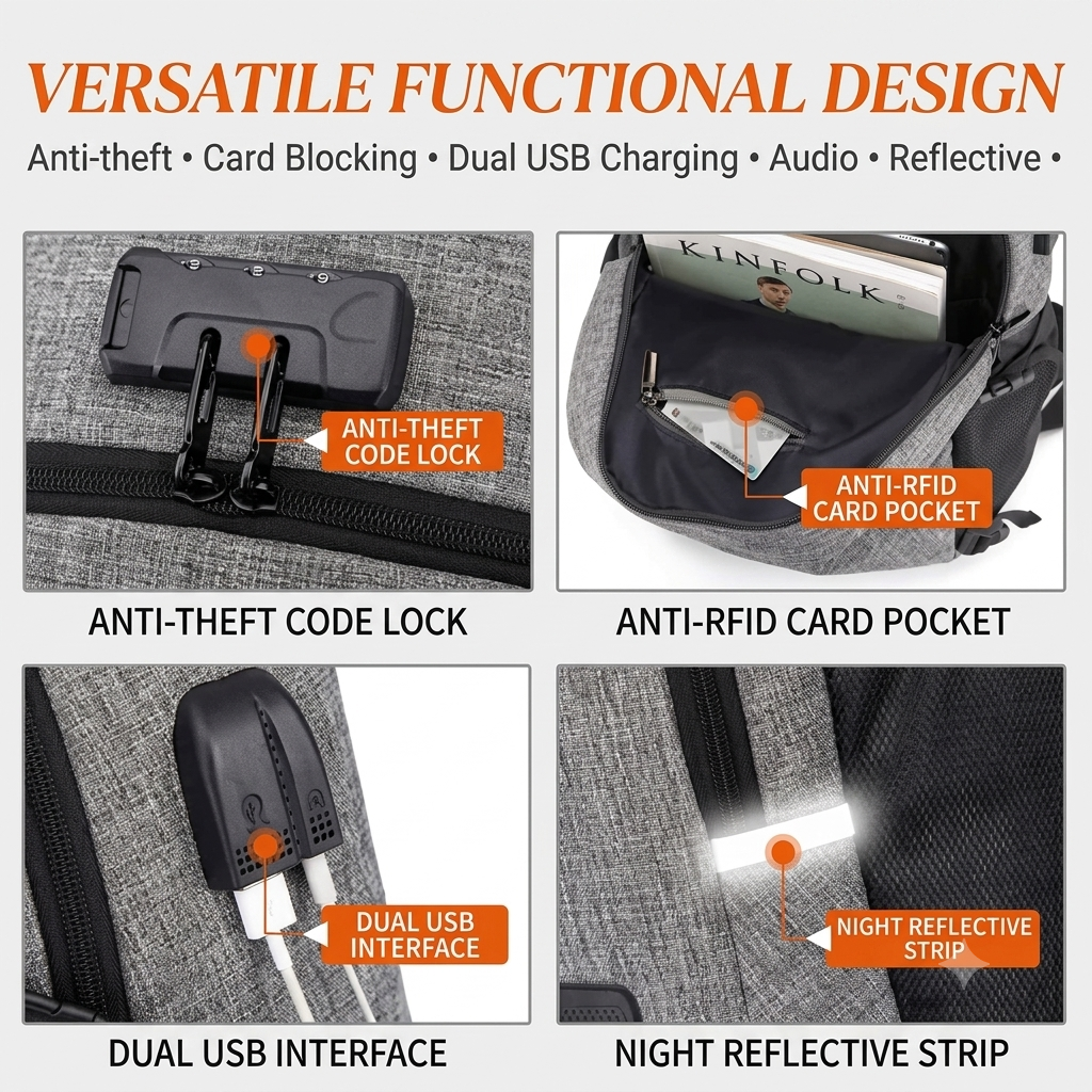 17-inch laptop backpack—ideal for business trips and school—featuring a USB port and anti-theft design; perfect for hiking, waterproof, scratch-resistant, and reinforced. 2 17-inch laptop backpack—ideal for business trips and school—featuring a USB port and anti-theft design; perfect for hiking, waterproof, scratch-resistant, and reinforced. - Image 2