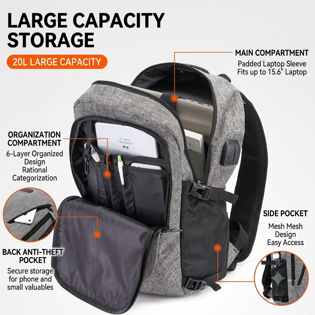 17-inch laptop backpack—ideal for business trips and school—featuring a USB port and anti-theft design; perfect for hiking, waterproof, scratch-resistant, and reinforced. 3 17-inch laptop backpack—ideal for business trips and school—featuring a USB port and anti-theft design; perfect for hiking, waterproof, scratch-resistant, and reinforced. - Image 3