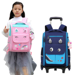 Backpack, 16-Inch School Backpack with Wheels, Detachable Backpack with Trolley for School Travel, Ages 5-9, Pink