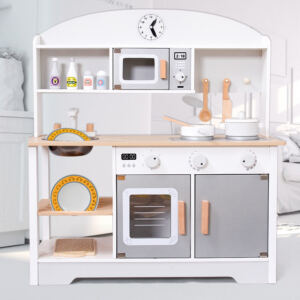 Kids Kitchen Set, Adjustable Wooden Kitchen, Comes with Various Kitchen Accessories, Ideal Gift for Children Ages 3-8