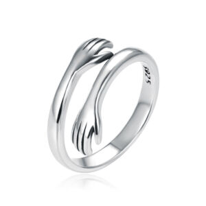 925 Sterling Silver and Gold Hug Ring | Hug ring featuring embracing hands—a gift for her, girlfriend, boyfriend, Mother's Day, or engagement.