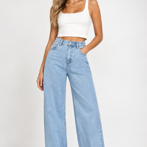 Women's jeans, high-waisted with an elastic waistband, wide-leg, loose-fitting, fashion