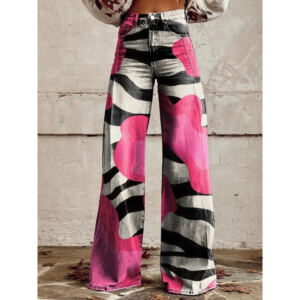 3D Digital Printing Fake Denim Ladies Wide Leg Pants Women's Trousers Flared Pants Women's Jeans