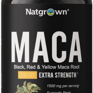 Natgrown Organic Maca Root Powder Capsules 1500 mg with Black, Red, and Yellow Peruvian Maca Root Extract, Supplement for Men and Women – Vegan Pills