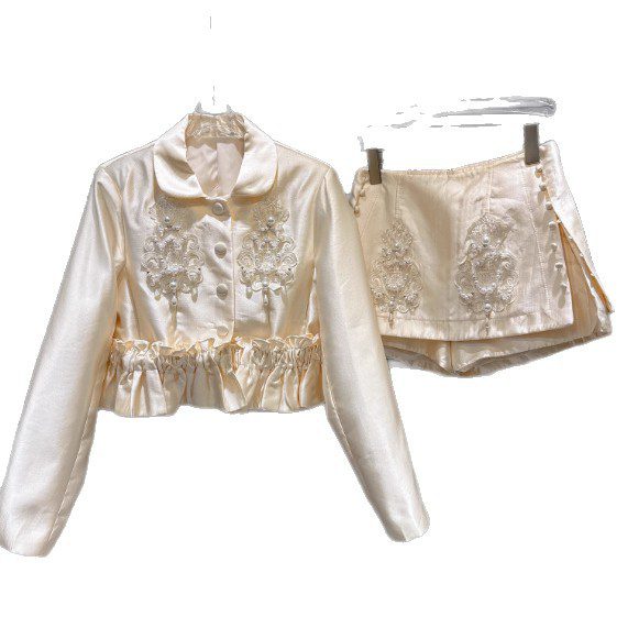 $ 95 | Style Pearl Beaded Embroidery Jacket + Buttoned Skirt Set - Image 5