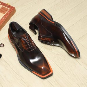 $ 230 | Men's Brown Leather Formal Lace-Up Dress Shoes with Orange Detail