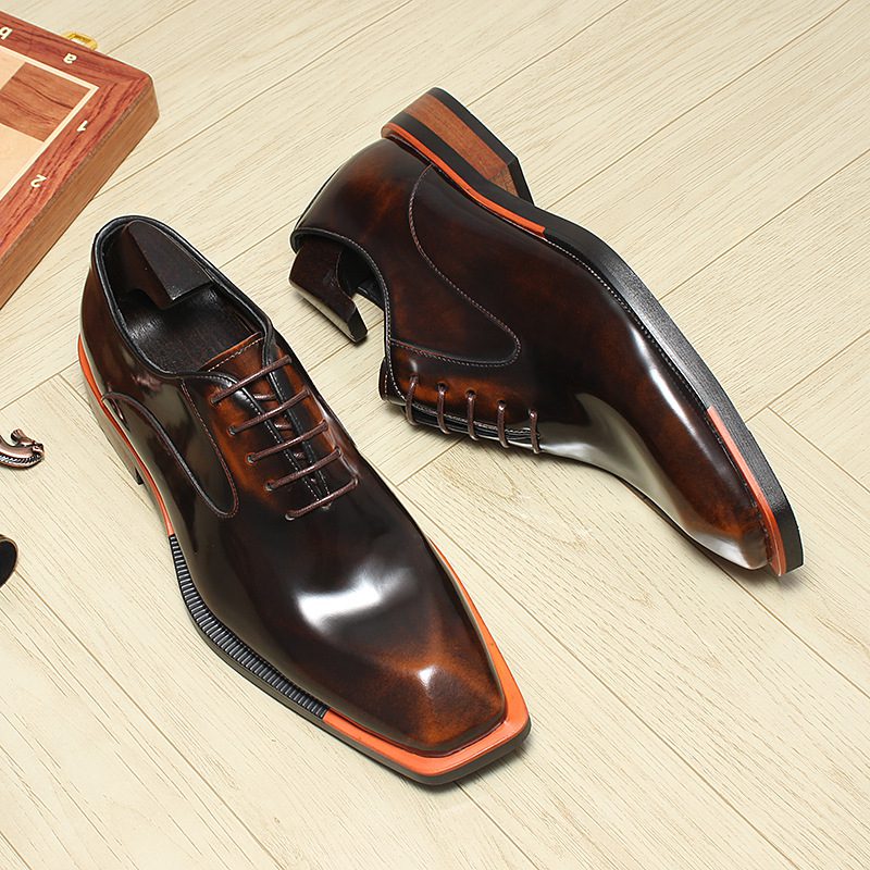 $ 230 | Men's Brown Leather Formal Lace-Up Dress Shoes with Orange Detail