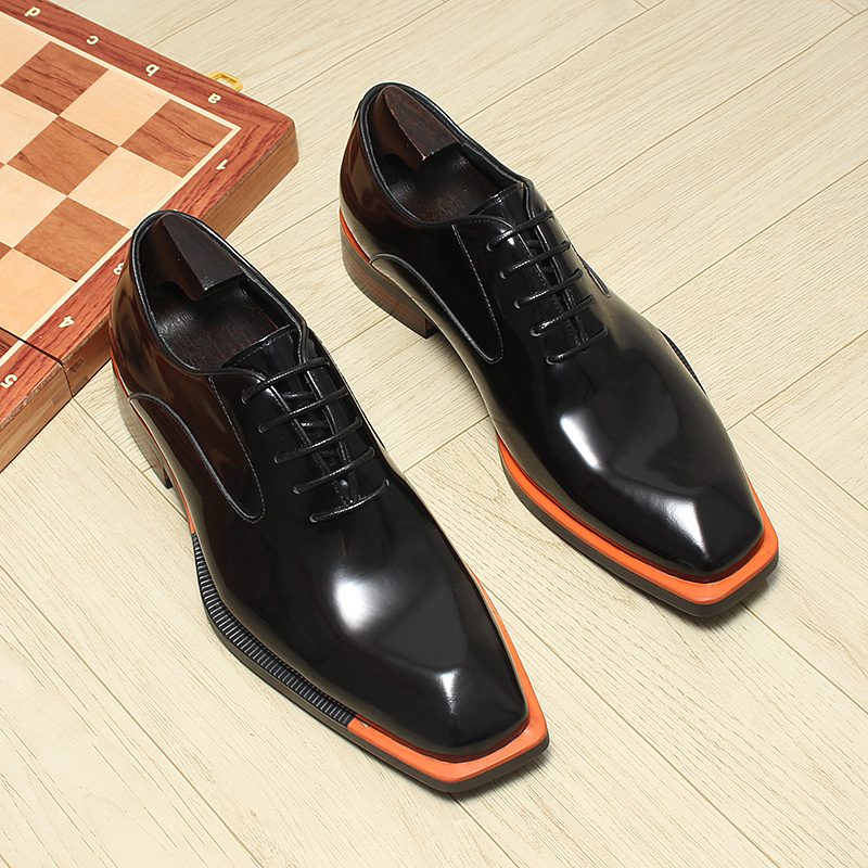 $ 230 | Men's Brown Leather Formal Lace-Up Dress Shoes with Orange Detail - Image 2