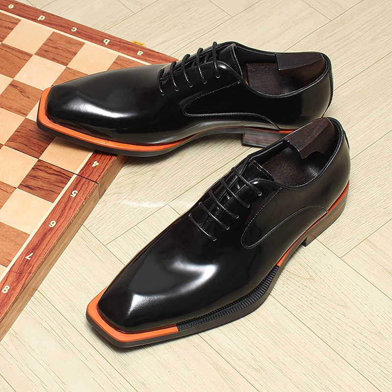 $ 230 | Men's Brown Leather Formal Lace-Up Dress Shoes with Orange Detail - Image 3