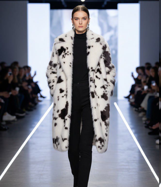 Long Faux Fur Coat with Animal Print and Elegant Lapel, fashion