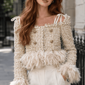 $ 165 | Heidy Claddy off-the-shoulder tweed top with feather trim, fashion